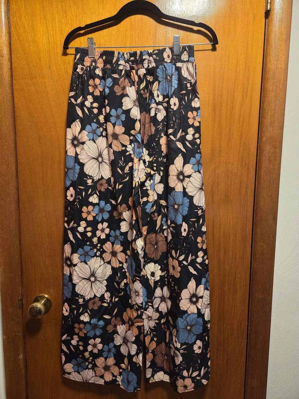 Wide Leg Floral Palazzo Pants - Black with Blue & Brown Flowers